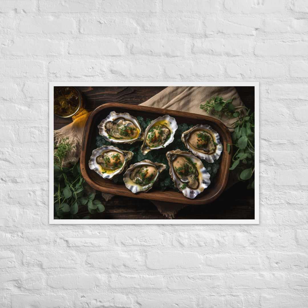 Grilled Olympia Oysters with Herb Butter Framed poster 🤤 from Yumify.AI