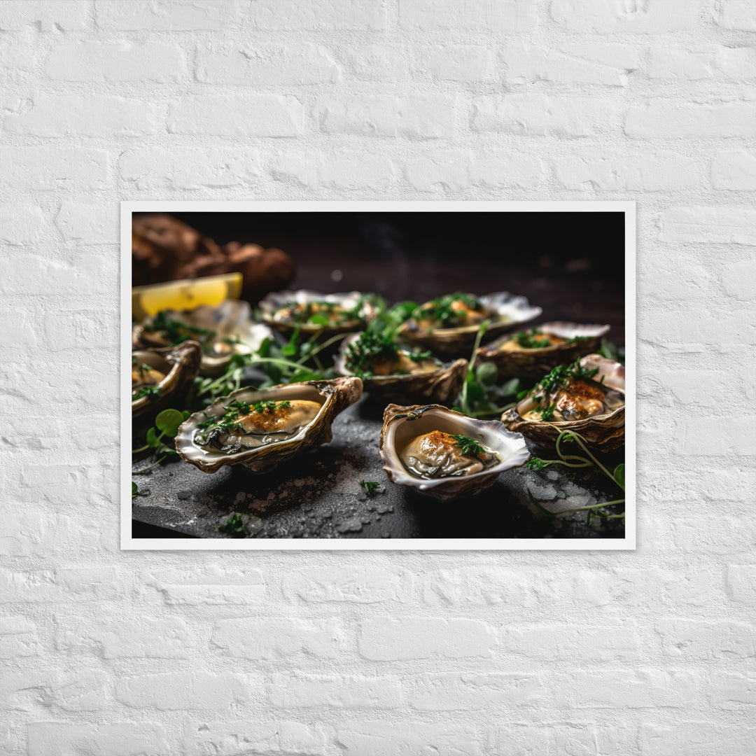 Grilled Olympia Oysters with Herb Butter Framed poster 🤤 from Yumify.AI