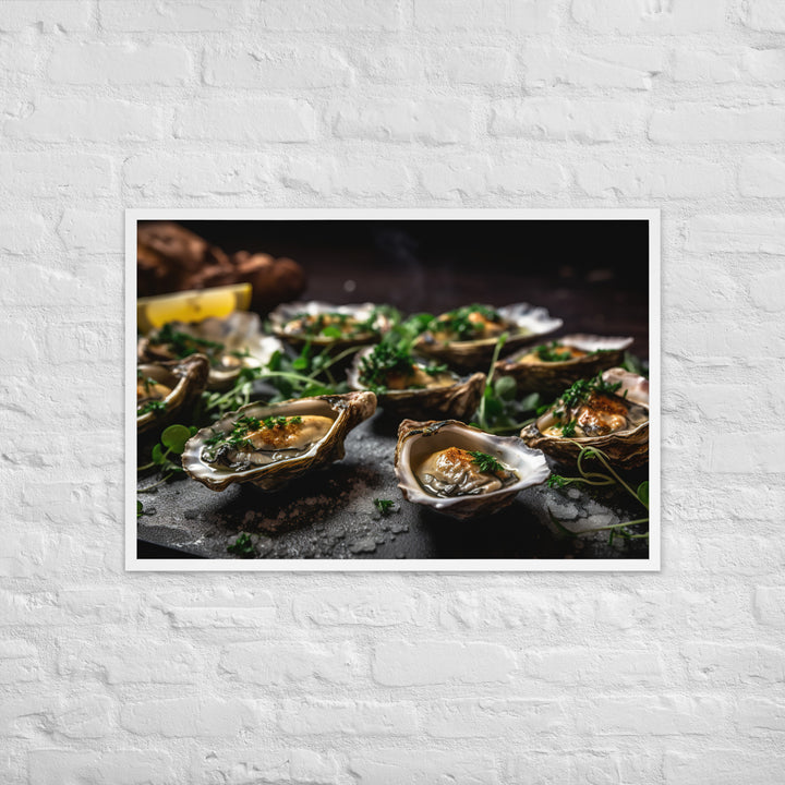 Grilled Olympia Oysters with Herb Butter Framed poster 🤤 from Yumify.AI