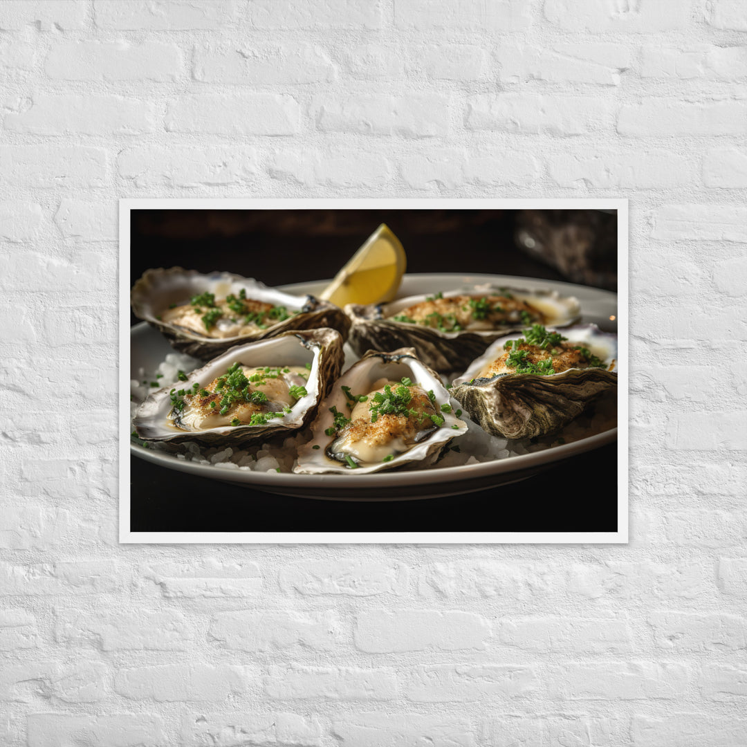 Grilled Malpeque Oysters with Garlic Butter Framed poster 🤤 from Yumify.AI