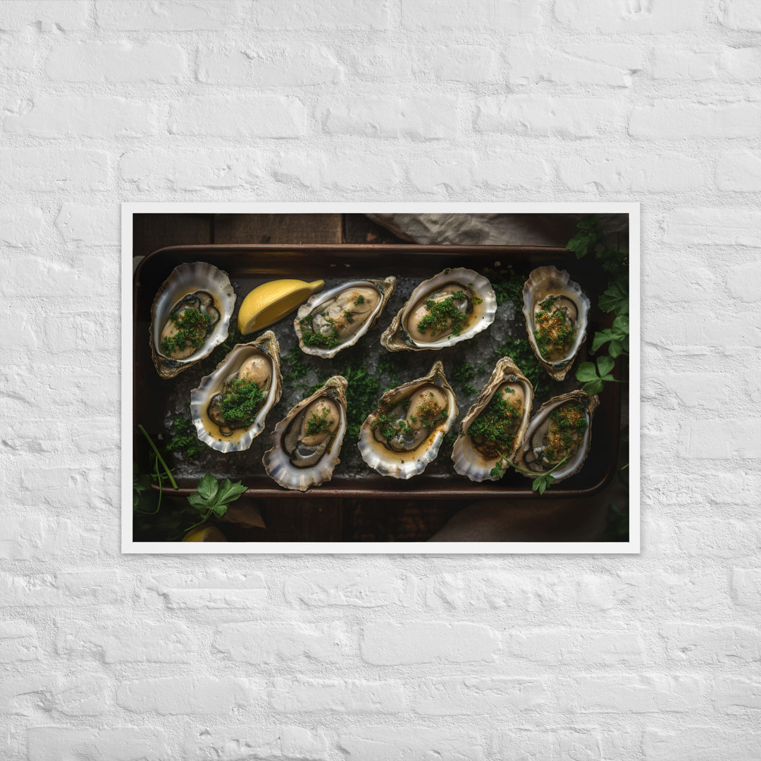 Grilled Eastern Oysters with Garlic Butter Framed poster 🤤 from Yumify.AI