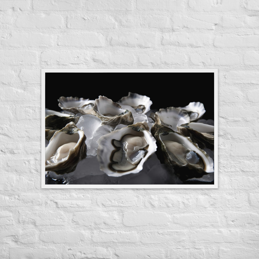 Freshly Shucked Pacific Oysters on Ice Framed poster 🤤 from Yumify.AI