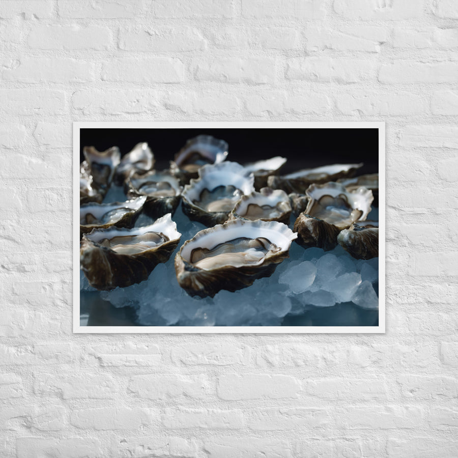 Freshly Shucked Blue Point Oysters on Ice Framed poster 🤤 from Yumify.AI