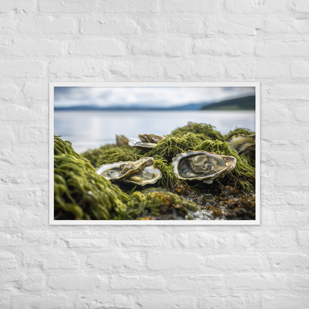 European Flat Oysters on a Bed of Seaweed Framed poster 🤤 from Yumify.AI