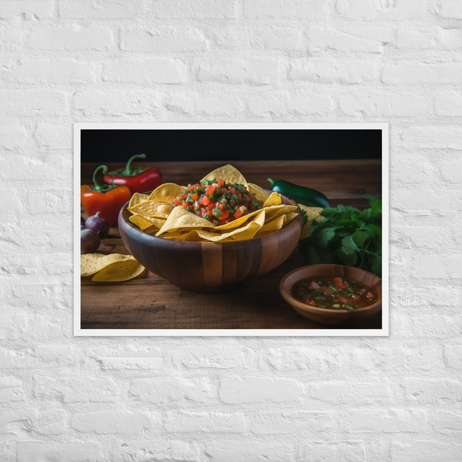 A colorful bowl of chips and salsa Framed poster 🤤 from Yumify.AI