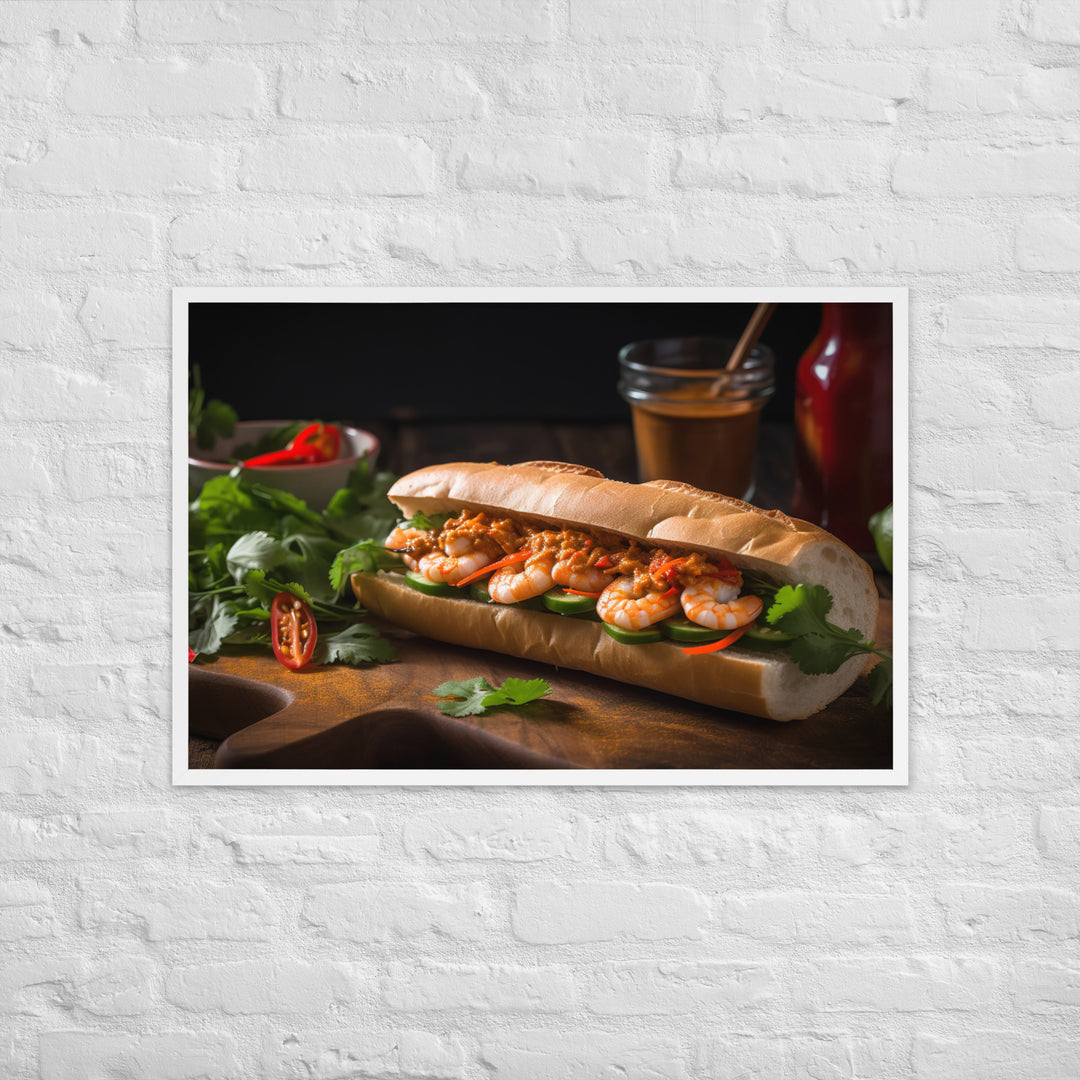 Spicy Banh Mi with Grilled Shrimp and Sriracha Mayo Framed poster 🤤 from Yumify.AI