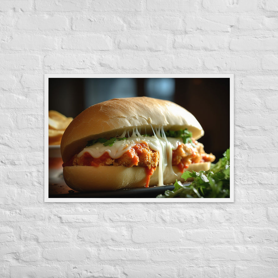 Sizzling Chicken Parmesan on a Hero Roll Framed poster 🤤 from Yumify.AI