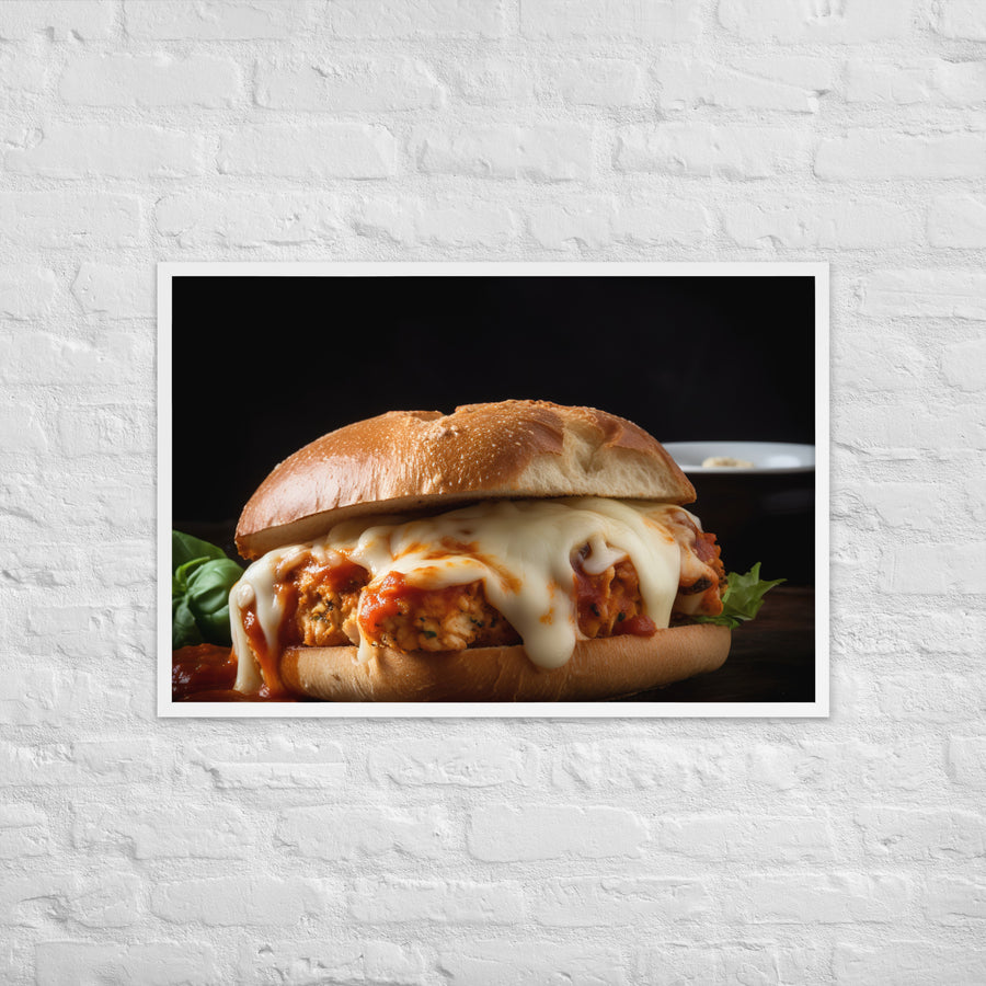 Juicy Chicken Parmesan on a Toasted Bun Framed poster 🤤 from Yumify.AI