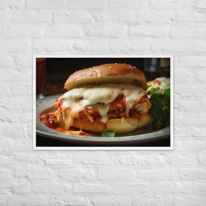 Juicy Chicken Parmesan on a Toasted Bun Framed poster 🤤 from Yumify.AI