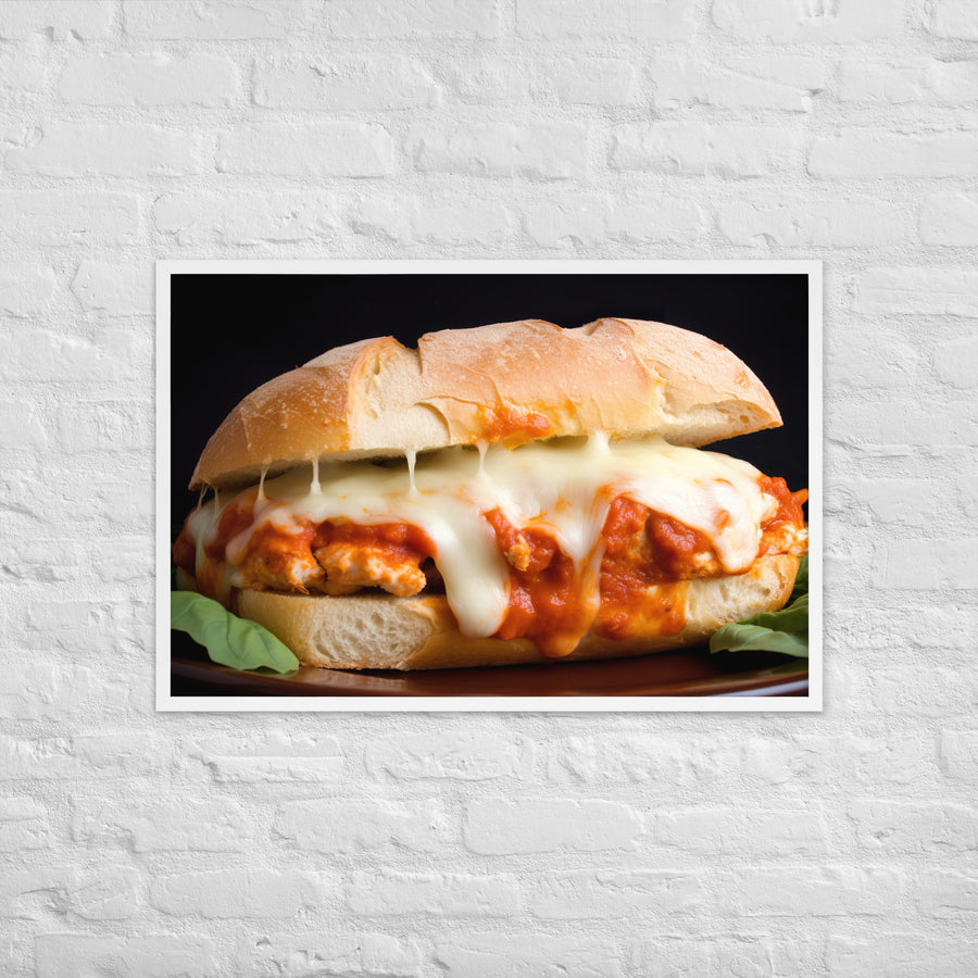 Golden Chicken Parmesan on Fresh Bread Framed poster 🤤 from Yumify.AI