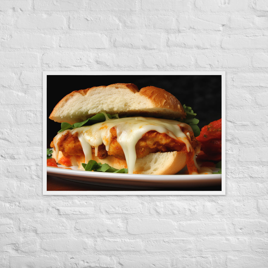 Golden Chicken Parmesan on Fresh Bread Framed poster 🤤 from Yumify.AI