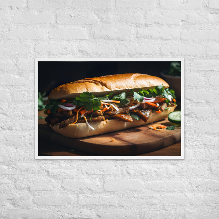 Classic Banh Mi Sandwich with Pork Belly and Caramelized Onion Framed poster 🤤 from Yumify.AI