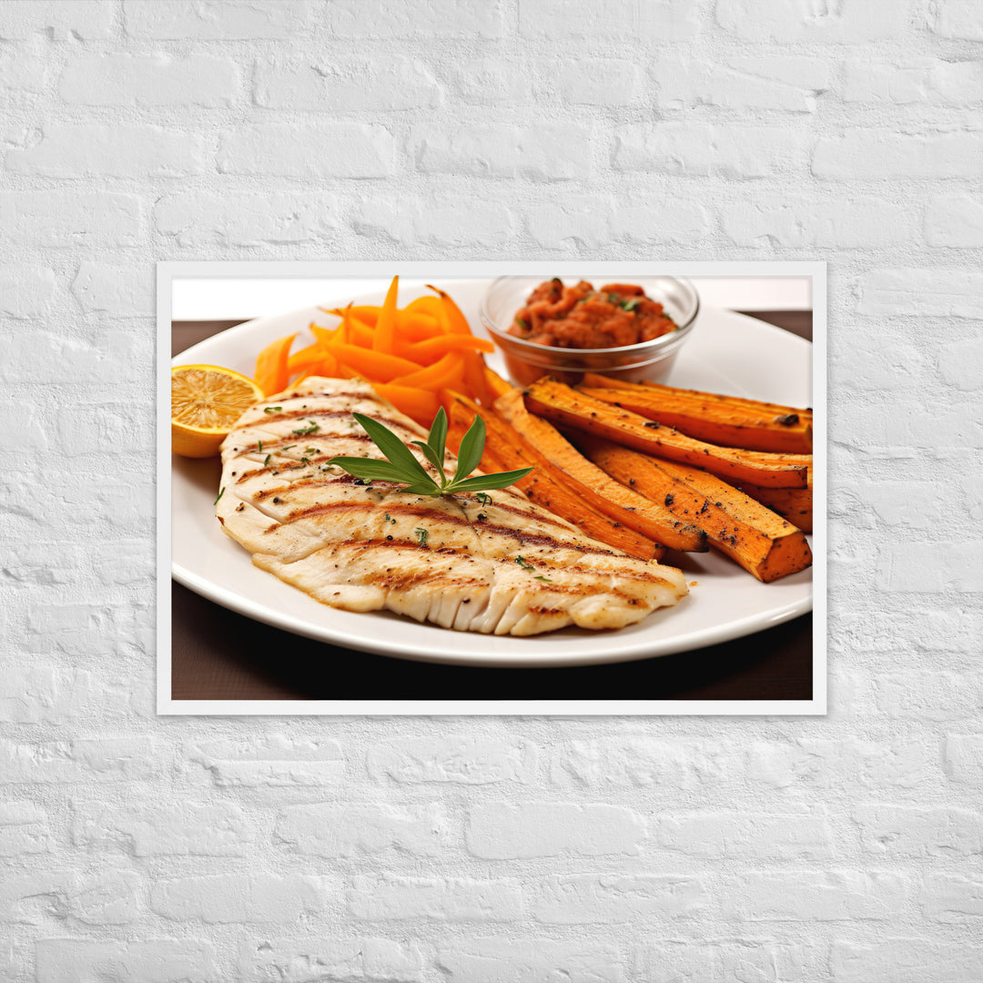 Grilled Fish and Sweet Potato Fries Framed poster 🤤 from Yumify.AI