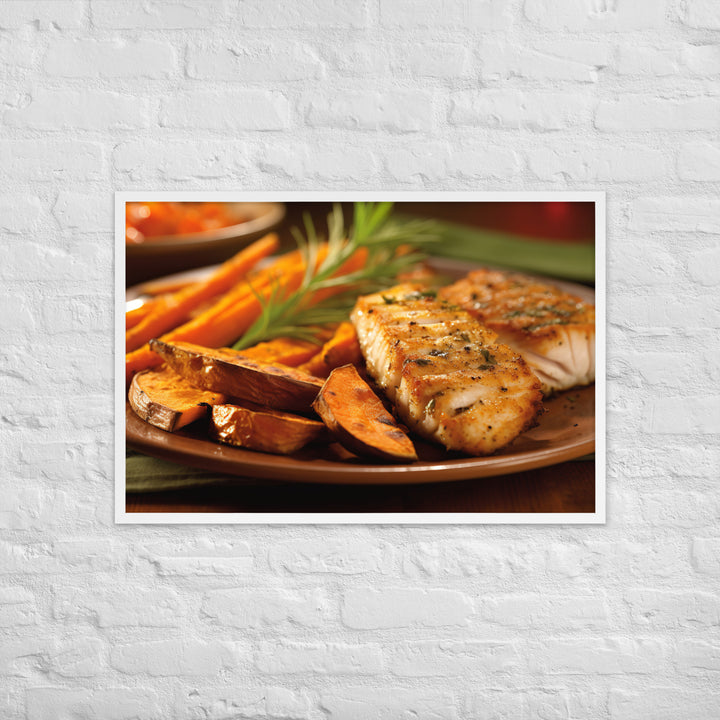 Grilled Fish and Sweet Potato Fries Framed poster 🤤 from Yumify.AI