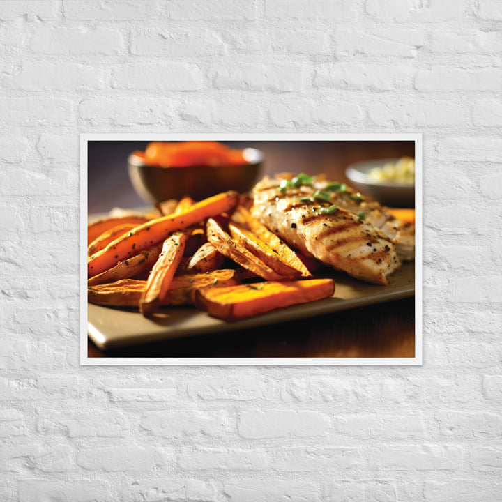 Grilled Fish and Sweet Potato Fries Framed poster 🤤 from Yumify.AI