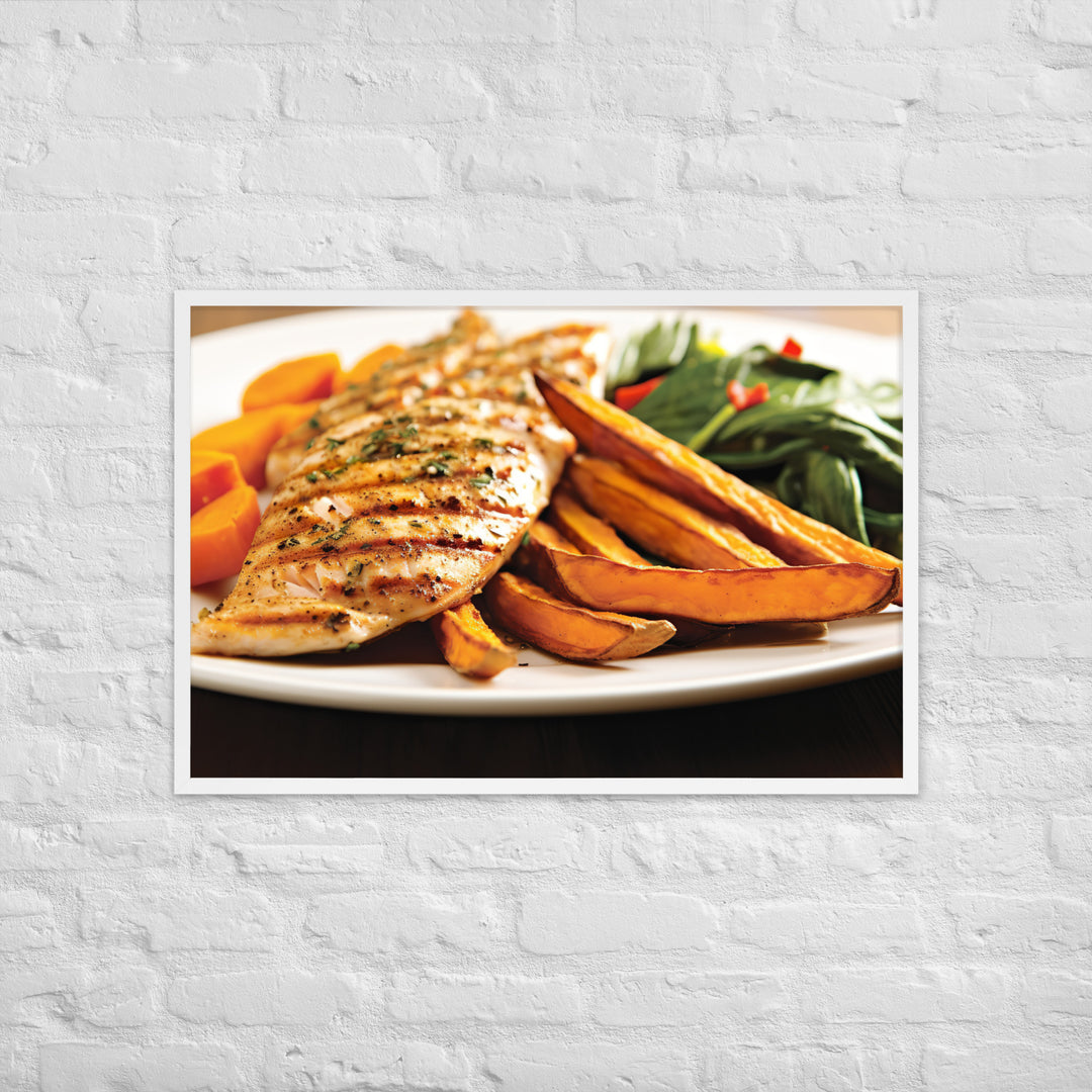 Grilled Fish and Sweet Potato Fries Framed poster 🤤 from Yumify.AI