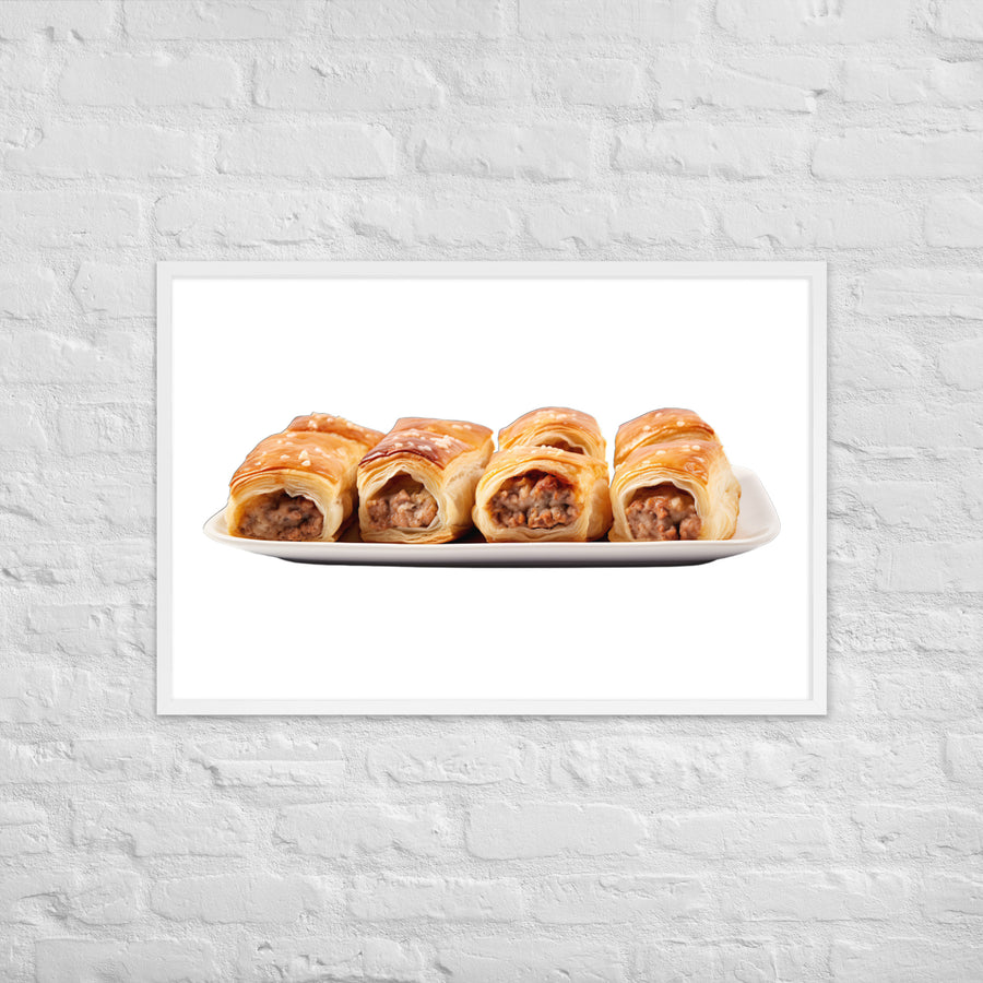 Flaky Golden Sausage Rolls Framed poster 🤤 from Yumify.AI